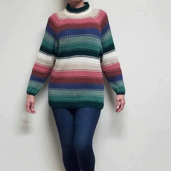 VINTAGE 80s Pastel Stripe Chunky Knit Mock Neck Cropped Sweater Paris Sport Club - Picture 2 of 14